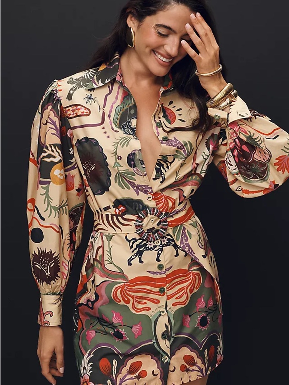 NWT Farm Rio Printed Button-Front Mini Dress with Belt